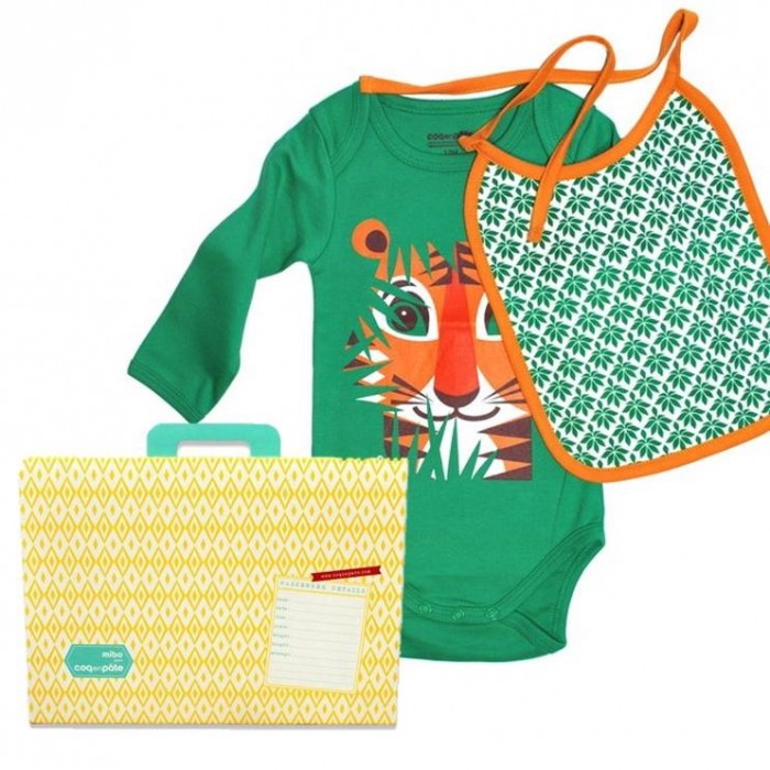 Baby gift set:  organic cotton matching bodysuit, bib and suitcase – Tiger
