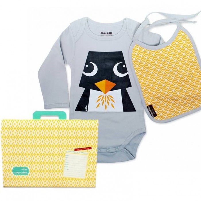 Baby gift set:  organic cotton matching bodysuit, bib and suitcase – Penguin