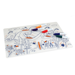 Reusable colouring in placemat set, soft silicone – Super Petit - Surf - Croque-Maman - Mat + Pen