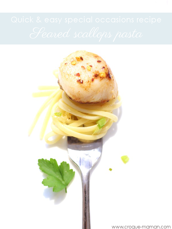 Seared scallops linguine cooked with spring onions and garlic butter - Croque-Maman (title)
