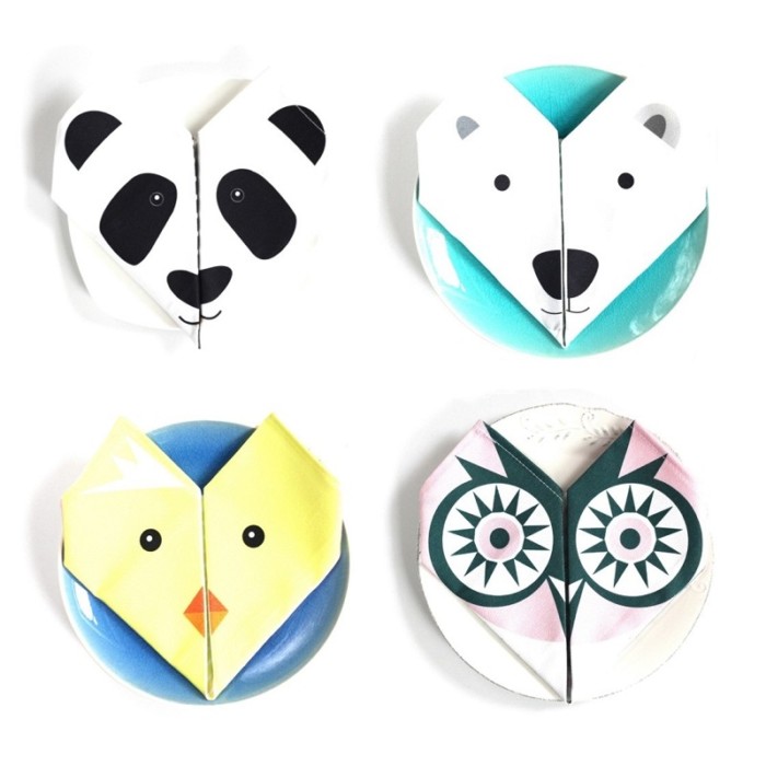 Origami cotton napkins – Set of 4 – Owl, bear, chick, panda